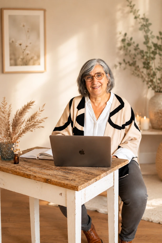 Sandra BLACHE, sophrologue, devant son ordinateur pour une séance de sophrologie en visio