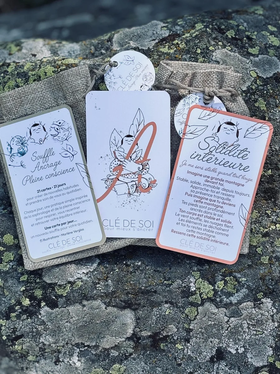 Trois cartes Solidité intérieure du jeu Clé de Soi, au liseré abricot, posées sur un rocher couvert de lichen